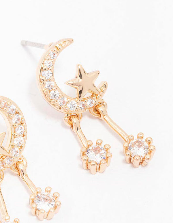 Gold Cubic Zirconia Moon & Star Drop Earrings