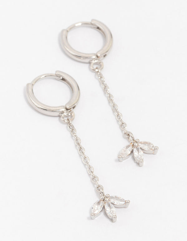 Silver Cubic Zirconia Diamante Floral Chain Drop Earrings