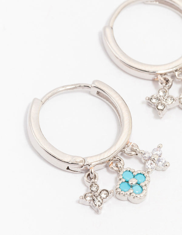 Silver Fine Triple Row Flower Huggie Hoop Earrings