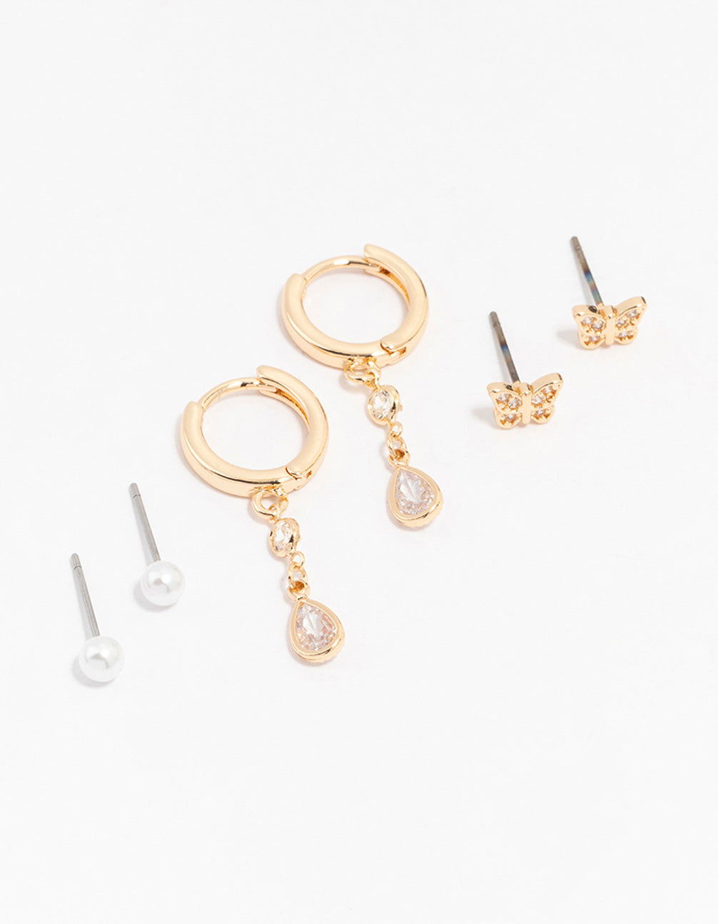Gold Cubic Zirconia Pearl & Butterfly Mixed Earring 3-Pack