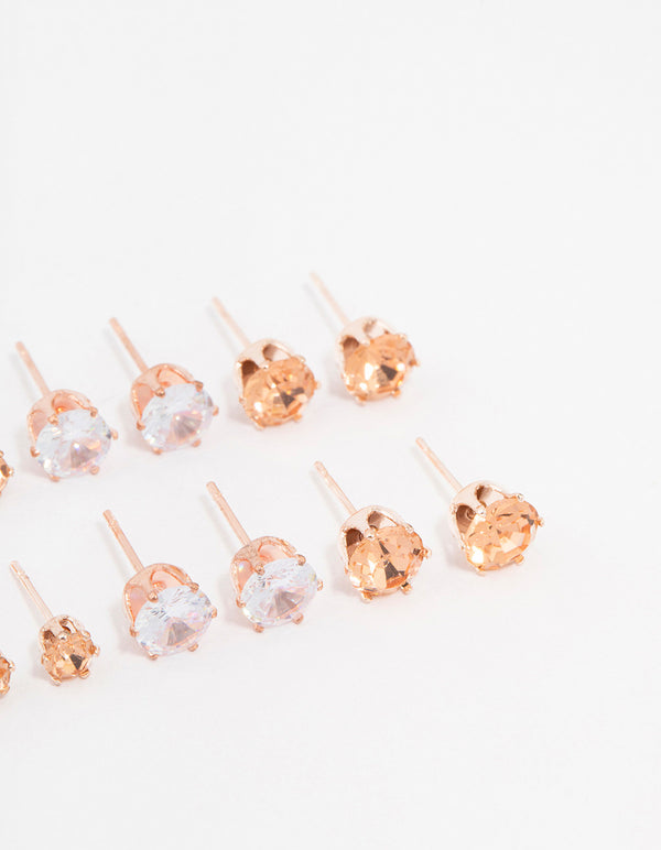 Rose Gold Basic Diamante Stud Earrings 8-Pack