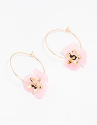 Gold Large Pink Flower Wire Hoop Earrings - link has visual effect only