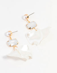 Gold  Diamante Pearl Petal Drop Earrings - link has visual effect only