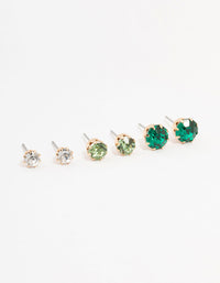 Gold Green Diamante Stud Earrings 3-Pack - link has visual effect only
