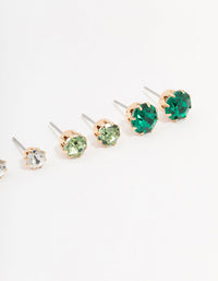 Gold Green Diamante Stud Earrings 3-Pack - link has visual effect only