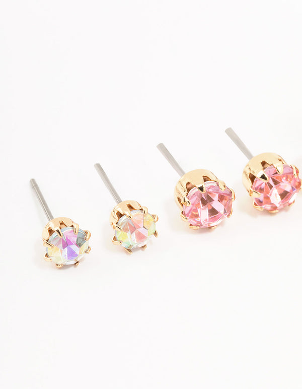 Gold Pink Diamante Stud Earrings 3-Pack
