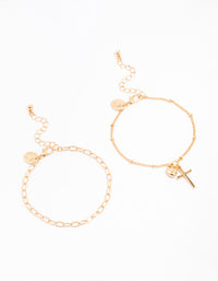 Gold Chain Cross & Heart Bracelets 2-Pack - link has visual effect only