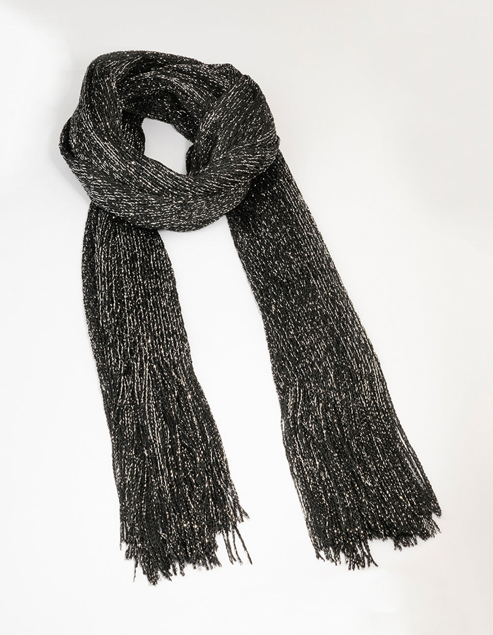 Chic black fabric drape necklace scarf with tassel details in solid front view