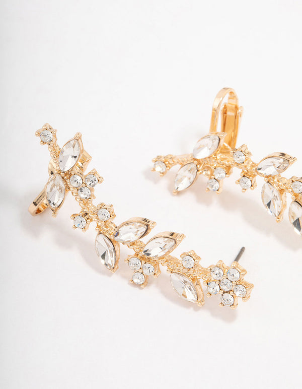 Gold Diamante Flower Leaf Cuff Earrings