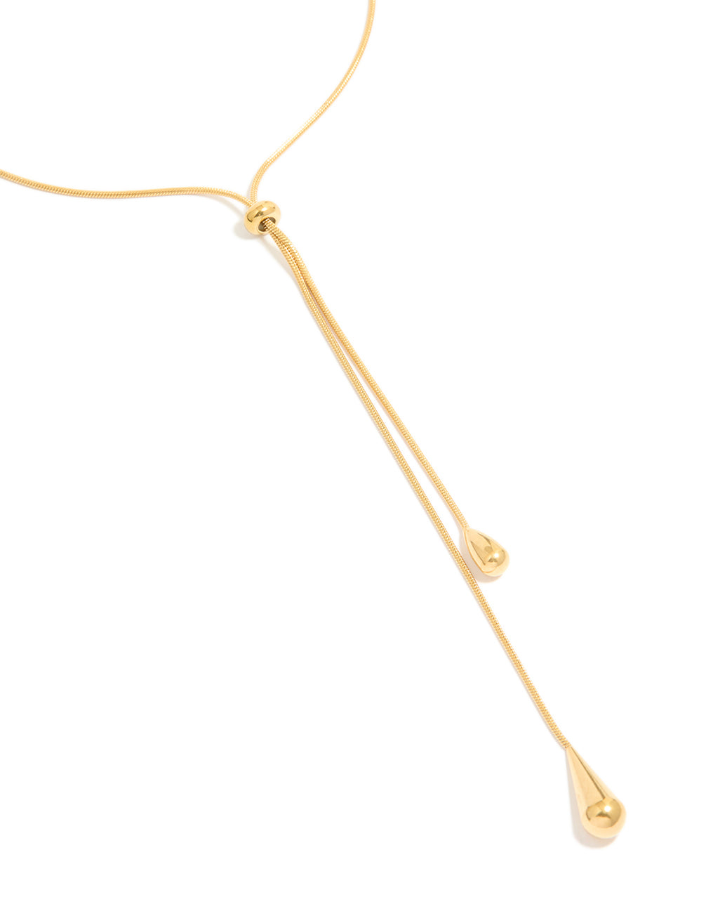 Crafted from waterproof gold plated stainless steel, this pull through lariat necklace close up view