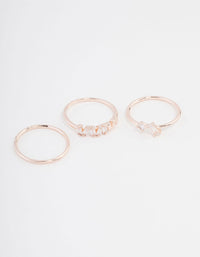 Beautifully crafted rose gold plated cubic zirconia baguette ring 3-pack front view - link has visual effect only