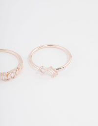 Elegantly designed rose gold plated cubic zirconia baguette ring 3-pack side detail view - link has visual effect only