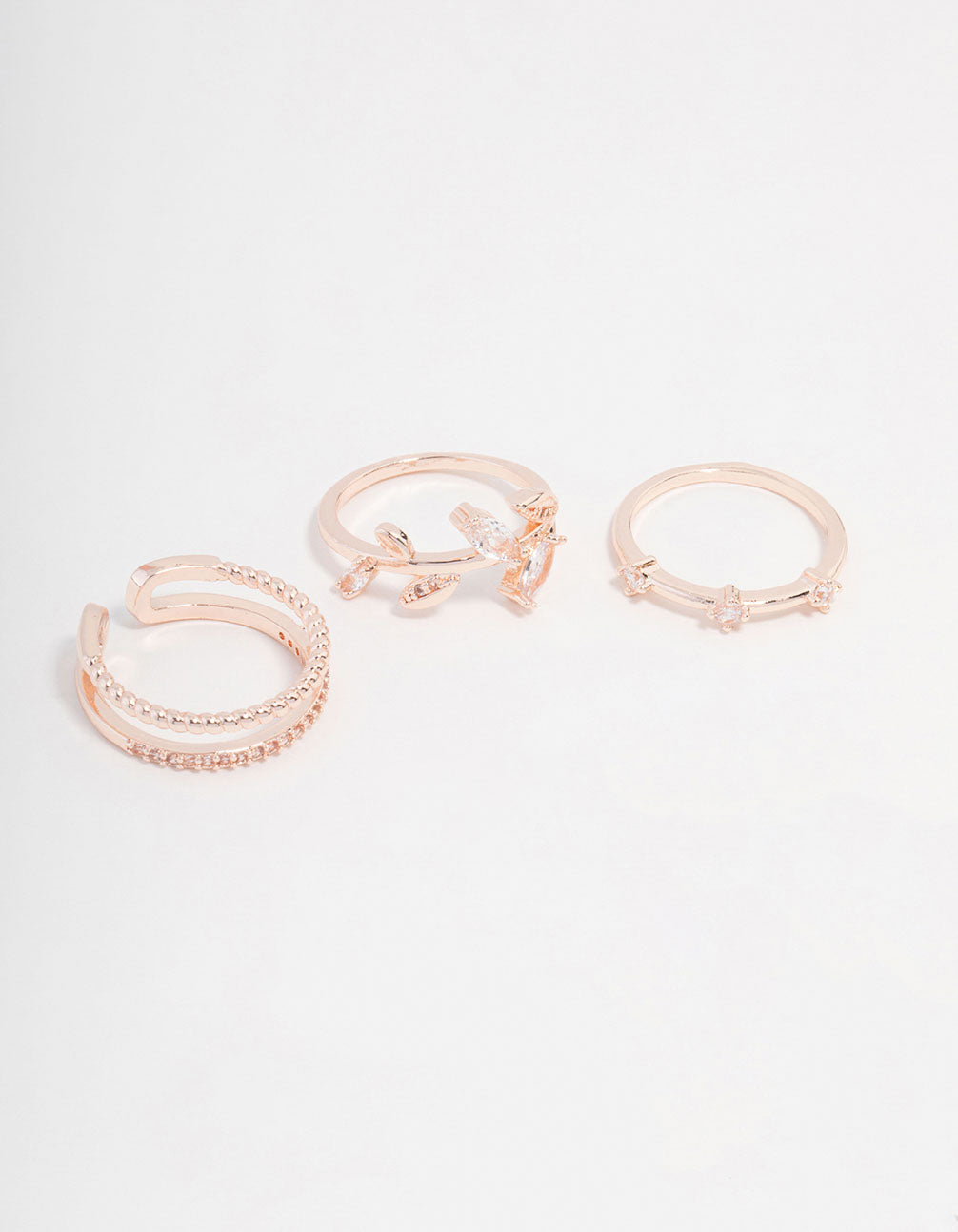 Rose Gold Plated Cubic Zirconia Leafy Station Ring 4-Pack