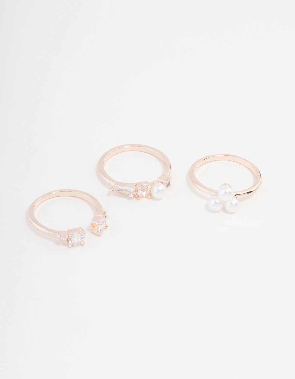 Rose Gold Plated Cubic Zirconia & Quartz Pearl Ring 3-Pack
