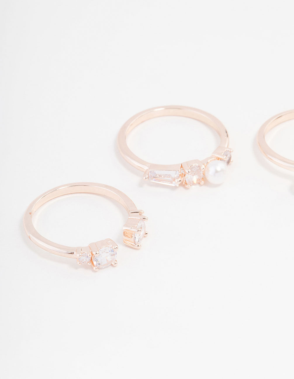 Rose Gold Plated Cubic Zirconia & Quartz Pearl Ring 3-Pack