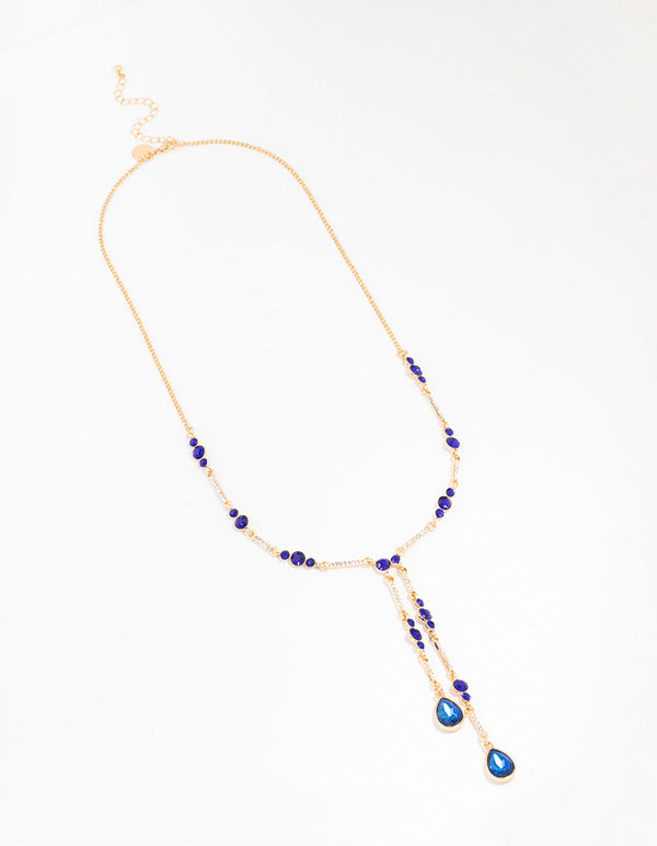 Gold Blue Diamante Y-Necklace