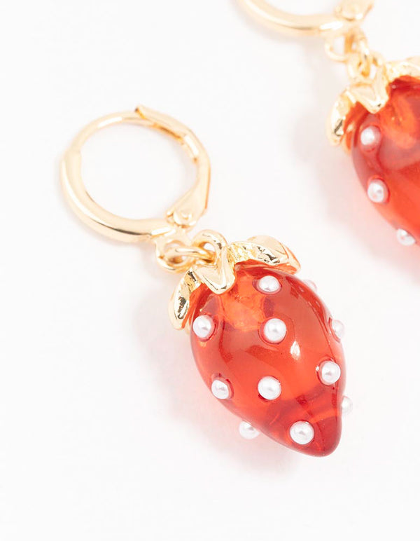 Gold Pearl Strawberry Hoop Earrings