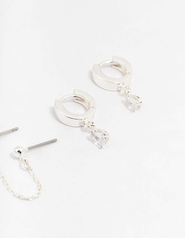 Silver Cubic Zirconia Chain Stud & Hoop Earrings 3-Pack
