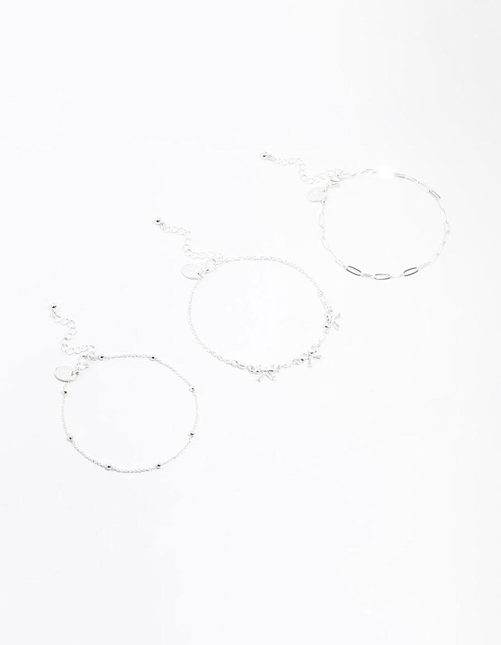 Silver Bow & Chain Mixed Anklets 3-Pack