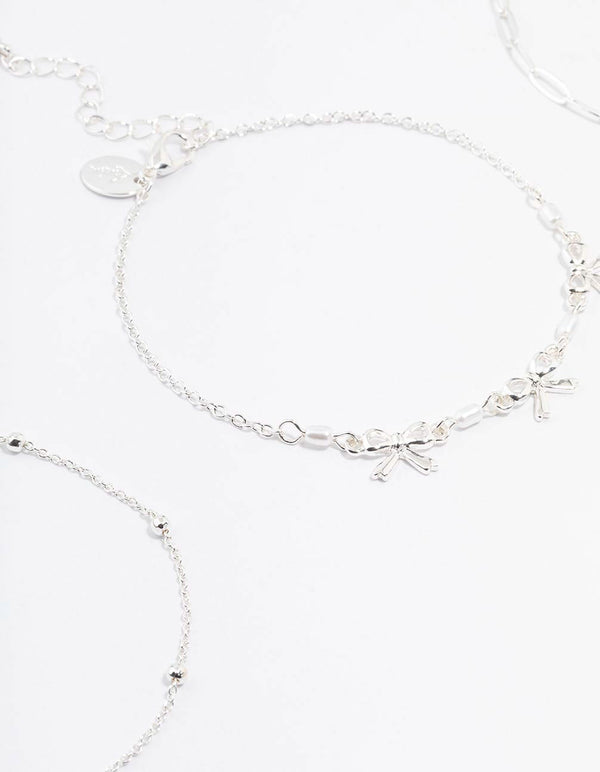 Silver Bow & Chain Mixed Anklets 3-Pack