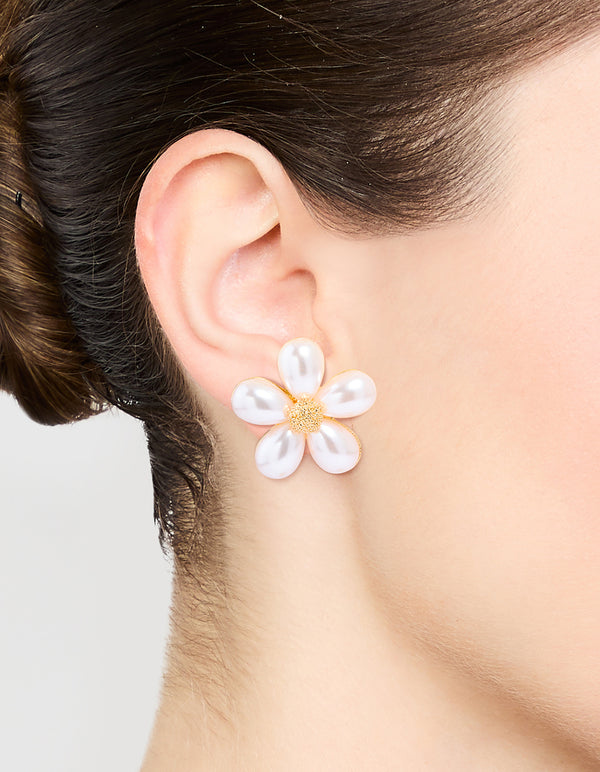 Large Gold Pearl Flower Stud Earrings