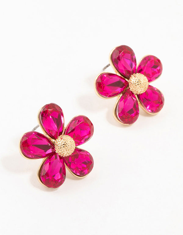 Gold Hot Pink Diamante Flower Stud Earrings