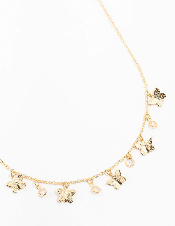 Gold Plated Diamante Butterfly Droplet Necklace