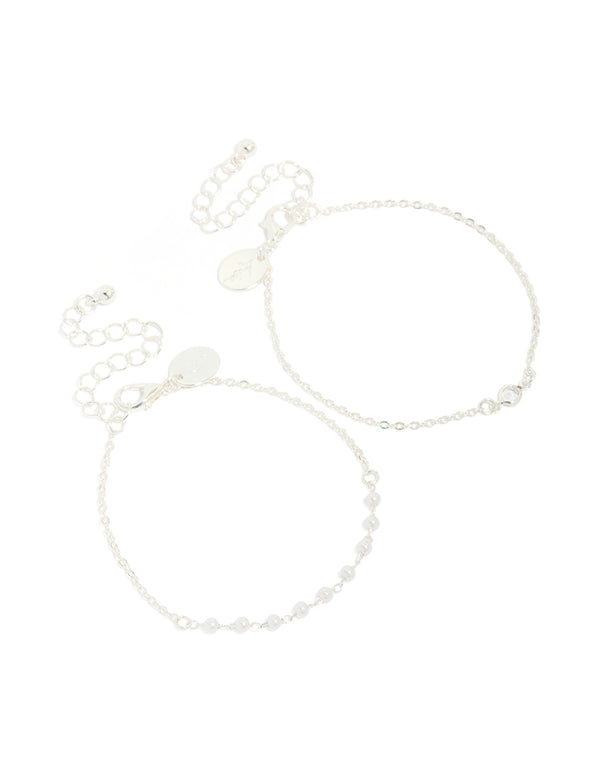 Silver Pearl Station & Diamante Bracelets 2-Pack