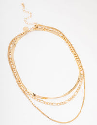Gold Triple Row Snake Chain & Link Necklace - link has visual effect only