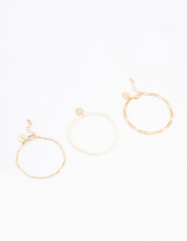 Gold Mixed Chain And Pearl Bracelets 3-Pack