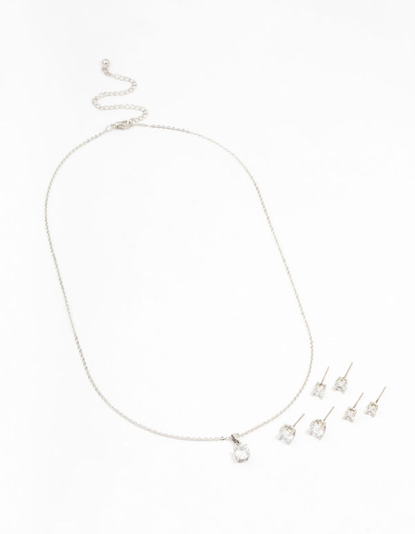 Silver Multiple Cubic Zirconia 6-Pack Stud Earrings & Necklace Set
