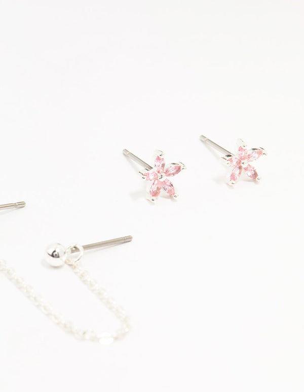 Silver Plated Brass  Heart Flower Chain Earrings 3-Pack