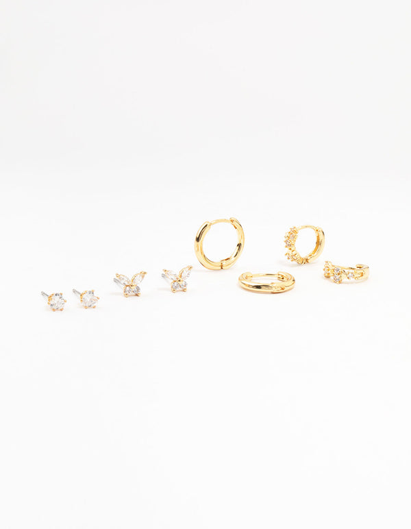 Gold Plated Brass Pave Star & Butterfly Earrings 4-Pack