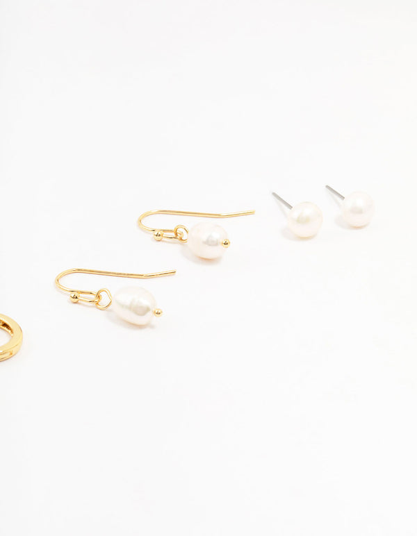 Gold Plated Brass Pearl Stud & Drop Earrings 4-Pack