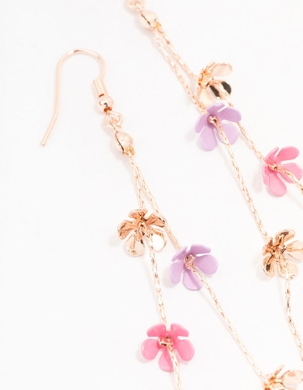 Rose Gold Multi-Coloured Flower Chain Drop Earrings