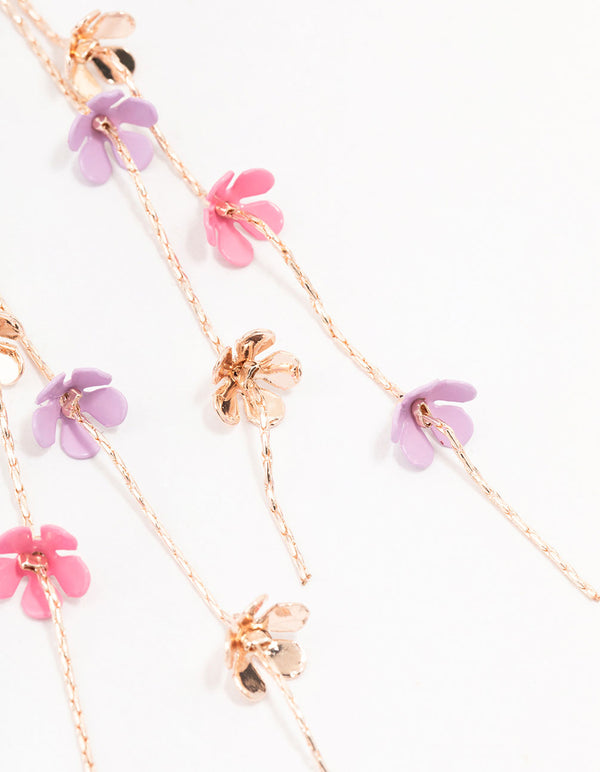 Rose Gold Multi-Coloured Flower Chain Drop Earrings