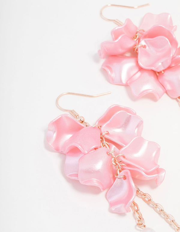 Rose Gold Petal Chain Pearl Drop Earrings