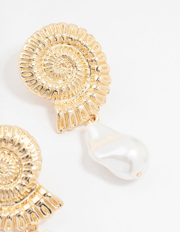 Gold Plated Shell And Pearls Drop Earrings