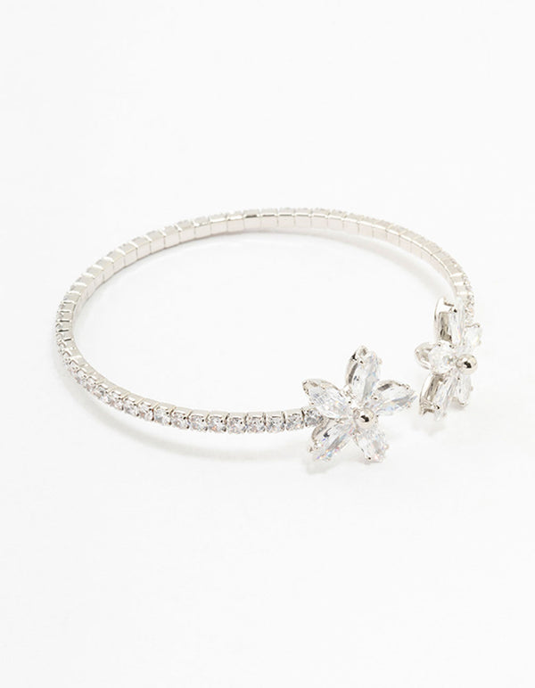 Silver Cubic Zirconia Flower Wrist Cuff