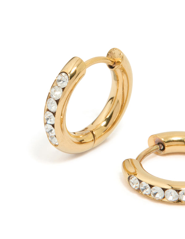 Waterproof Gold Plated Stainless Steel Round Diamante Clicker Hoop Earrings