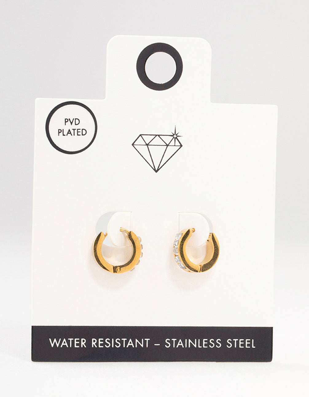 Featuring waterproof gold plated stainless steel square cut diamante huggie earrings front view