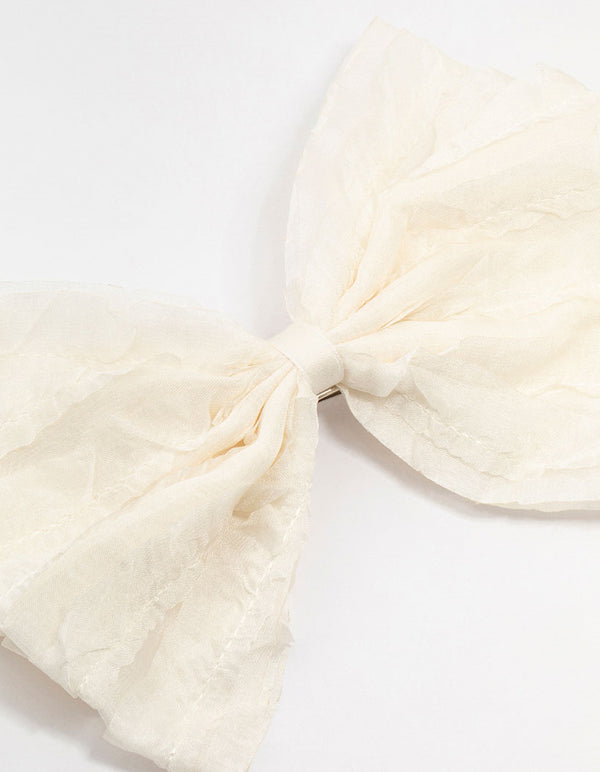 Small Cream Ruffle Fabric Bow Clip