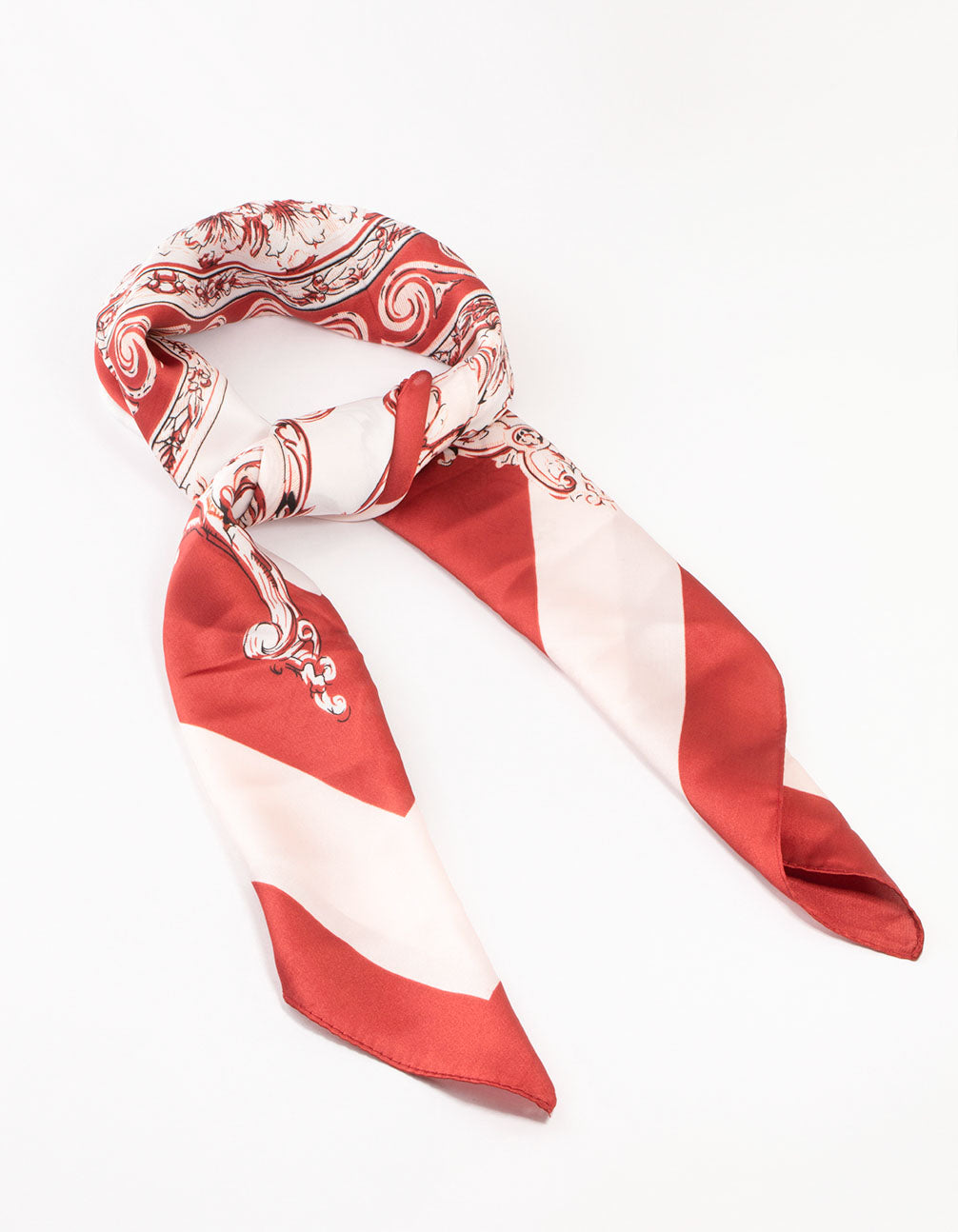 Red & White Regal Print Fabric Scarf featuring stripe design in light coral and brown front view
