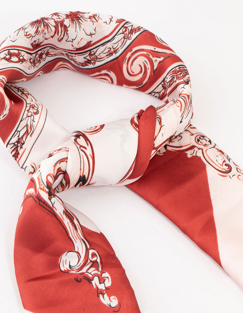 Showcasing Red & White Regal Print Fabric Scarf with stripe pattern in light coral and brown detail view