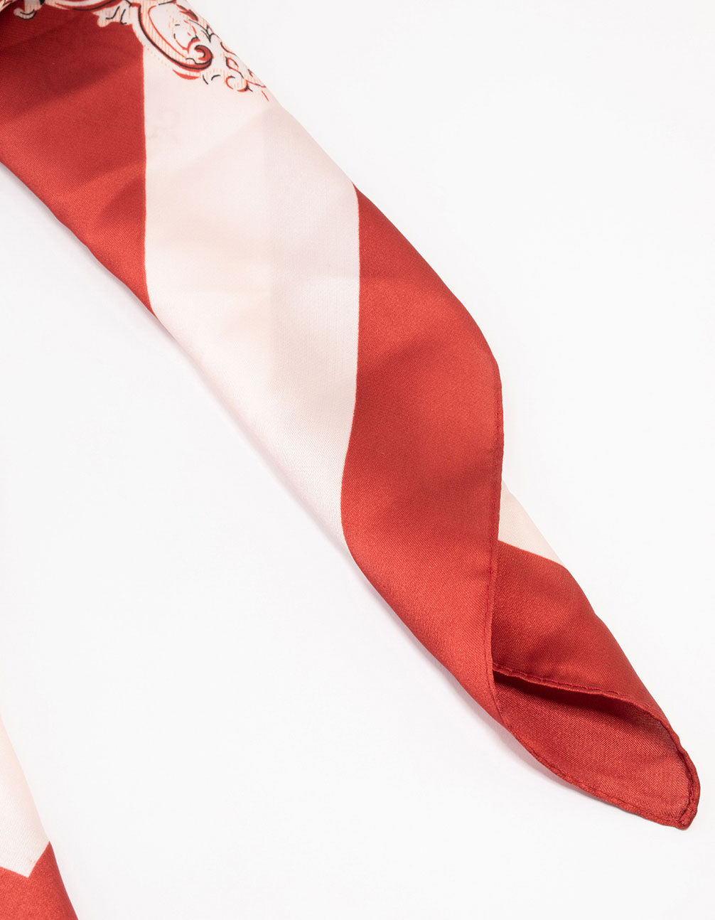 Crafted from fabric, Red & White Regal Print Scarf with stripe design in light coral and brown side view