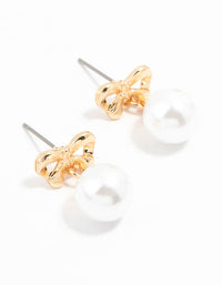 Gold  Pearl Drop Bow Stud Earrings - link has visual effect only