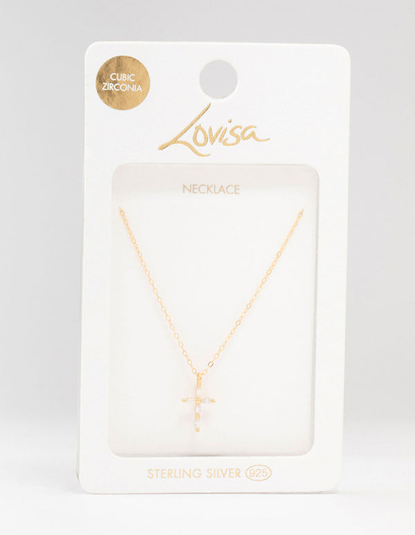 Gold Plated Sterling Silver Cubic Zirconia Cross Necklace