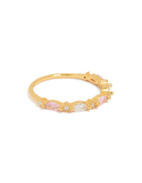 Showcasing a gold plated sterling silver ring with alternating marquise and round cubic zirconia stones in pink and clear tones side detail view - link has visual effect only