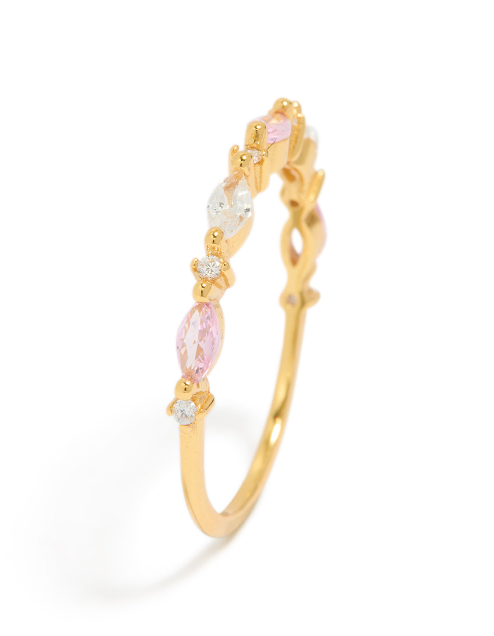 Designed with gold plated sterling silver and alternating marquise round cubic zirconia stones in pink clear close up view