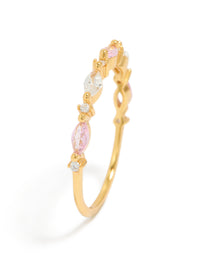 Designed with gold plated sterling silver and alternating marquise round cubic zirconia stones in pink clear close up view - link has visual effect only